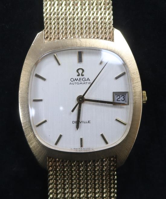 A gentlemans 9ct gold Omega De Ville automatic, on a 9ct Omega bracelet, with box.